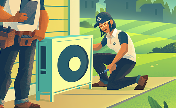 Two HVAC workers, one standing next to a heat pump and the other with a screwdriver working on the heat pump