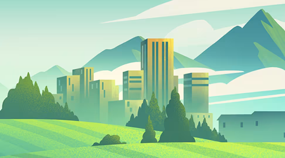 An illustration of a city with mountains in the background and trees and grass in the foreground