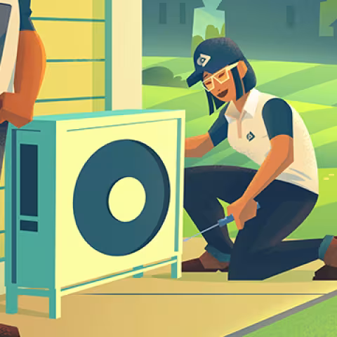 Two HVAC workers, one standing next to a heat pump and the other with a screwdriver working on the heat pump