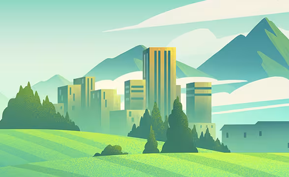 An illustration of a city with mountains in the background and trees and grass in the foreground