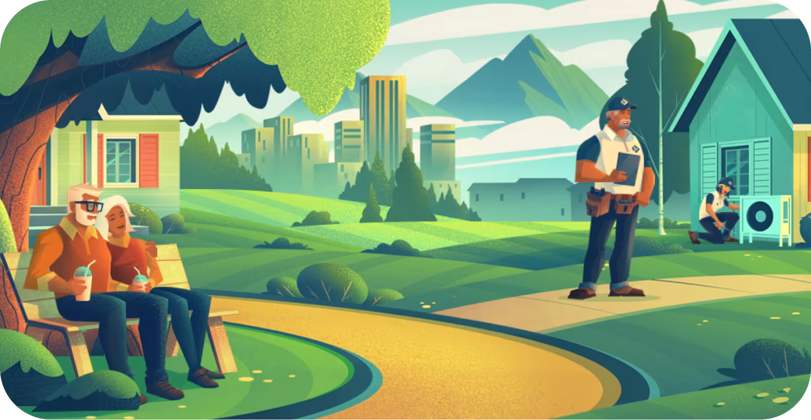 A couple on a bench, 2 HVAC technicians working on a heat pump next to a home, with mountains and a city in the background